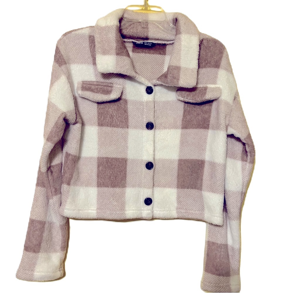 Shein Teddy Bear Jacket Buffalo Plaid With Faux Flap Pockets Tan and White Sz XS